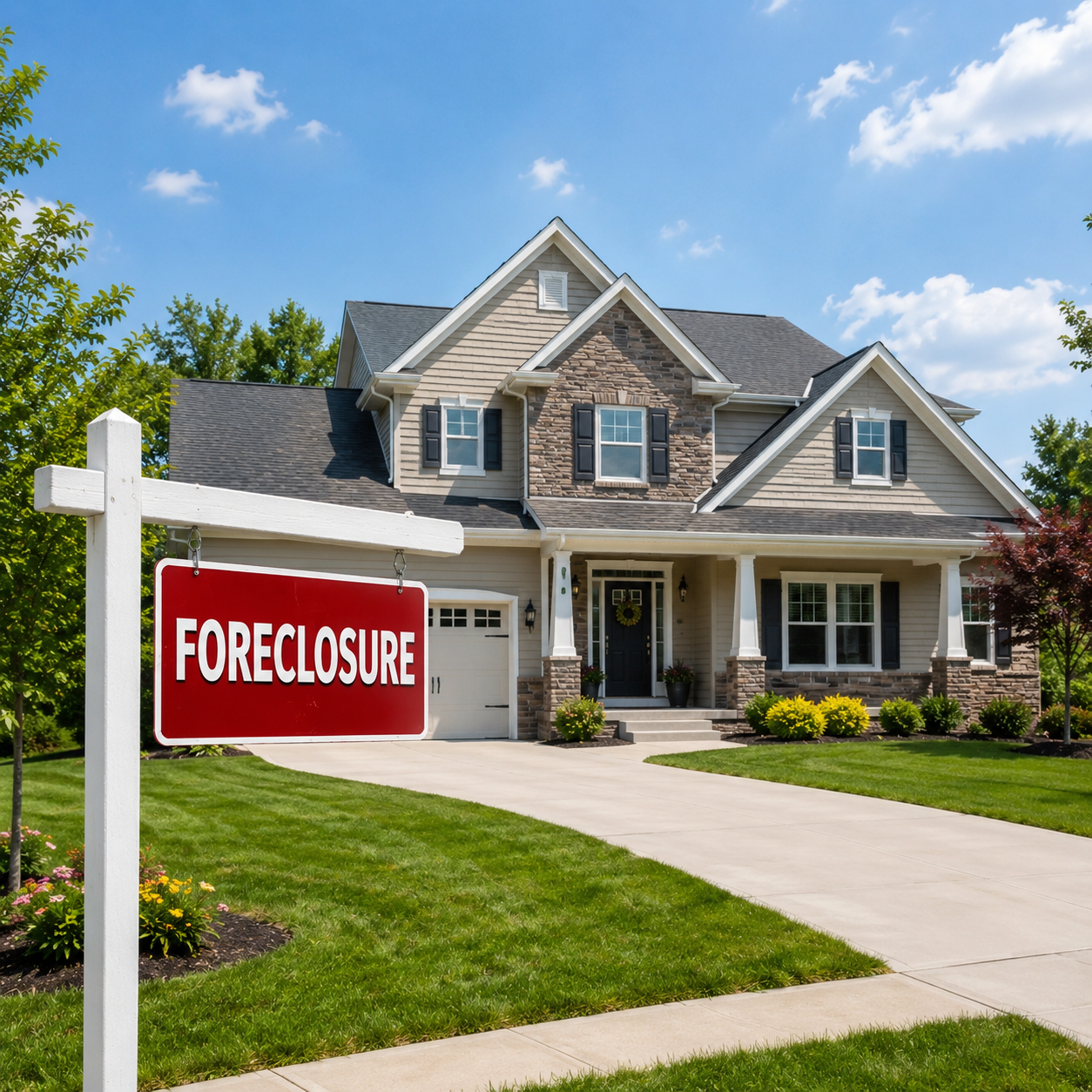 Foreclosure sign in front of a home